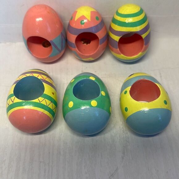 Vintage Hand-painted Wooden Easter Egg Napkin Rings Pastel lot of 6 Pink Blue - Picture 1 of 6